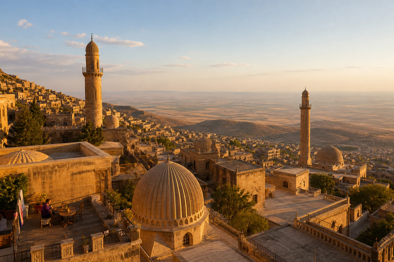 Mardin'in taş teraslarından Mezopotamya Ovası'na uzanan akşam manzarası